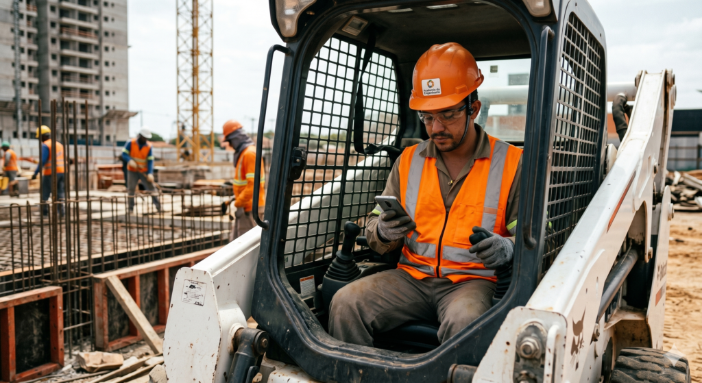Operário distraído usando celular enquanto opera máquina em canteiro de obras, ilustrando riscos à segurança do trabalho em obra.